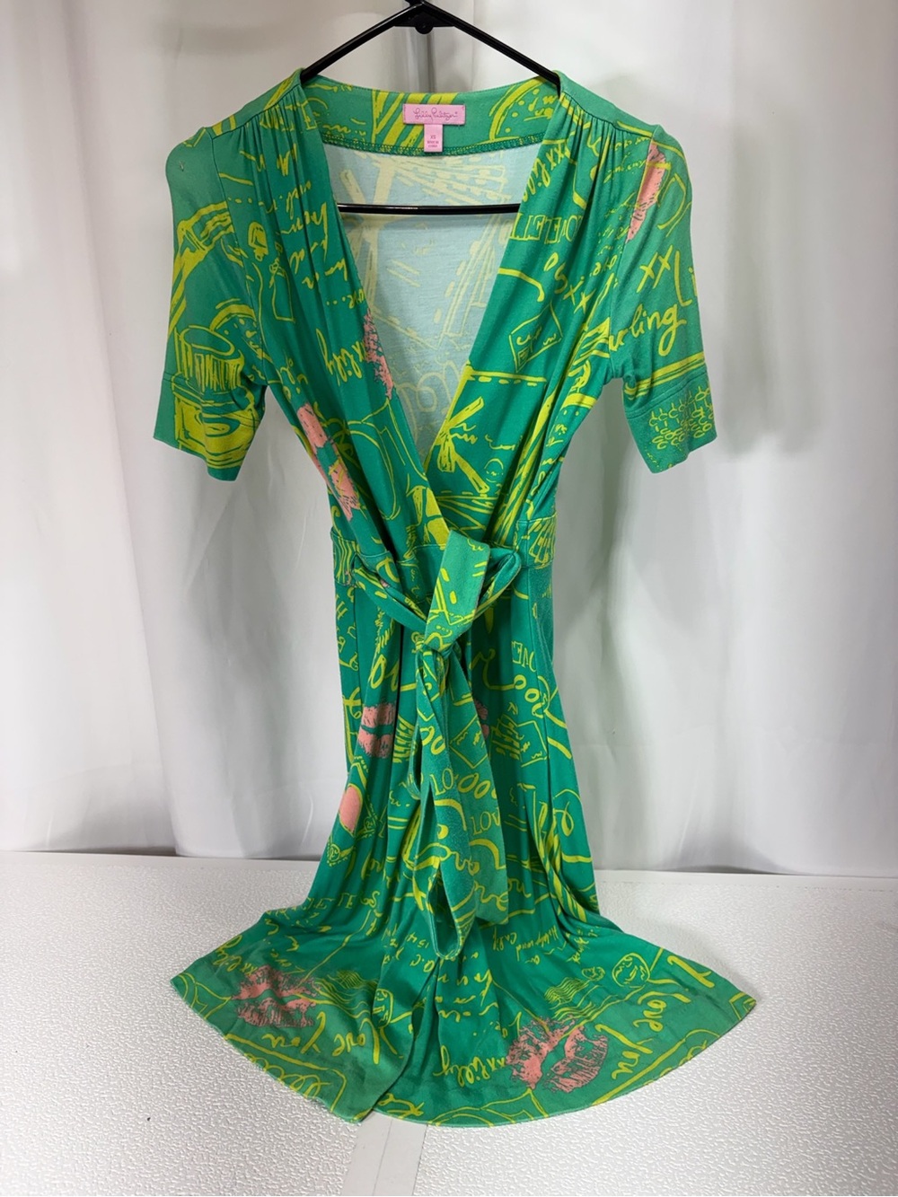 Lilly Pulitzer Teal Green Wrap Midi Dress with Yellow and Pink Accents 4097